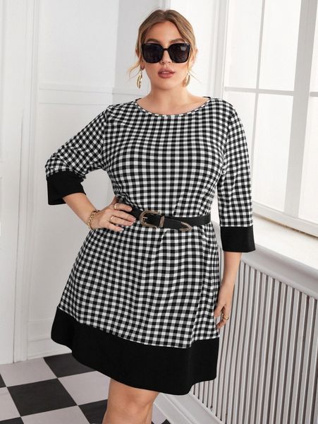

plus gingham tee dress without belt y02p#, Black
