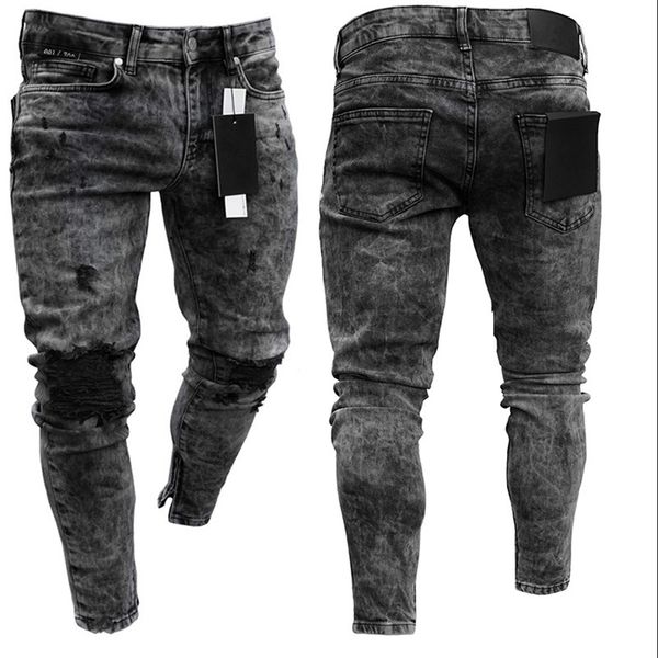 

biker jeans men's distressed stretch ripped biker jeans men hip hop slim fit holes punk denim jeans cotton pants zipper pants, Blue