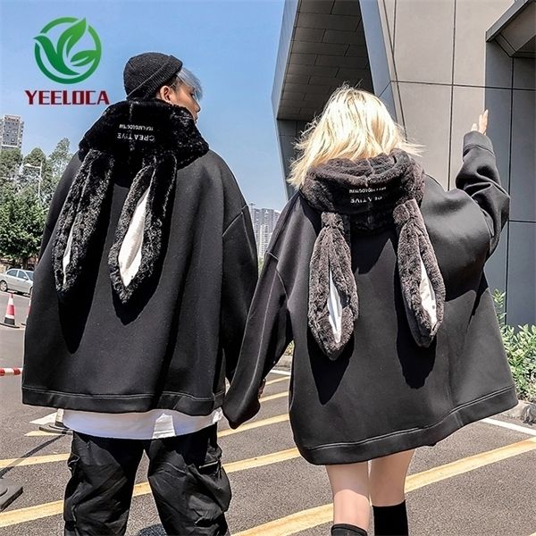 

2019 autumn winter plush hip hop hoodie couple rabbit ear personality fashion black sweatshirt long sleeve men wom c0127