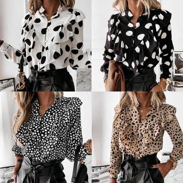

prowow womens blouses ruffled blouse women o-neck long sleeve casual polka dot shirts, White