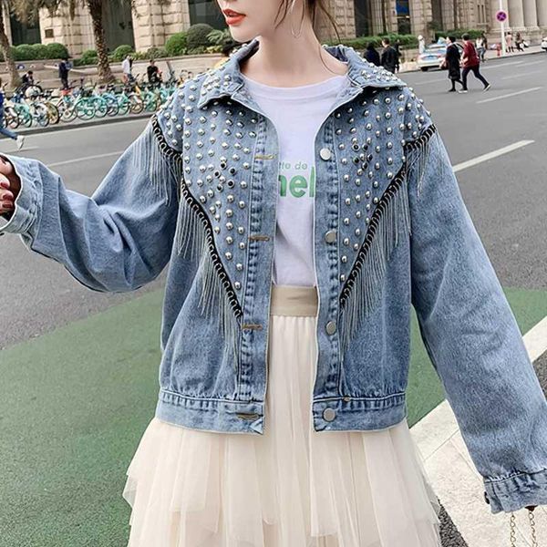 

korean clothes fashion streetwear rivet tassels denim jacket women coat lady 2020 new spring autumn cowboy outerwear c015181, Black;brown