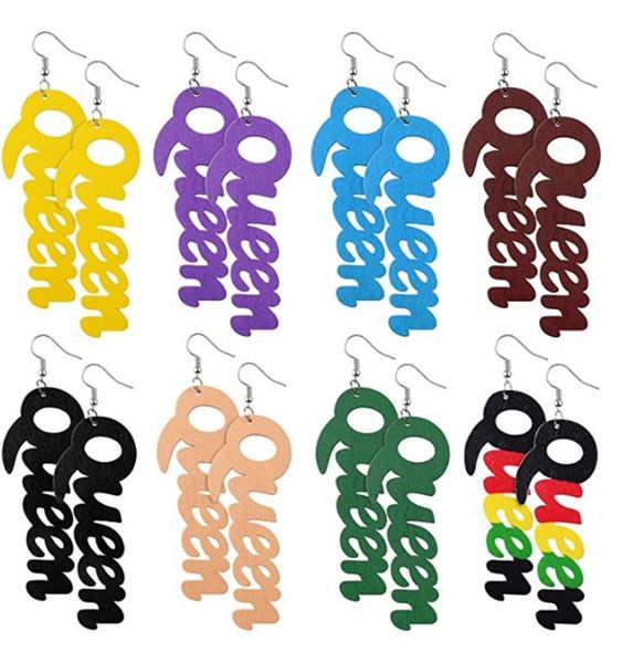 

colorful african wood letter earring new fashion geometric hollow letter queen drop earring for girls women jewelry, Golden