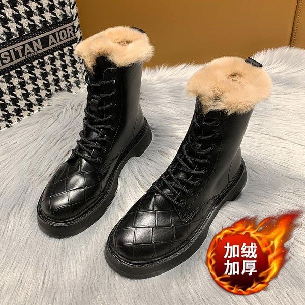 

2020 winter fashion women's ankle boots lace up calf round head women's martin boots black square pu women shoes