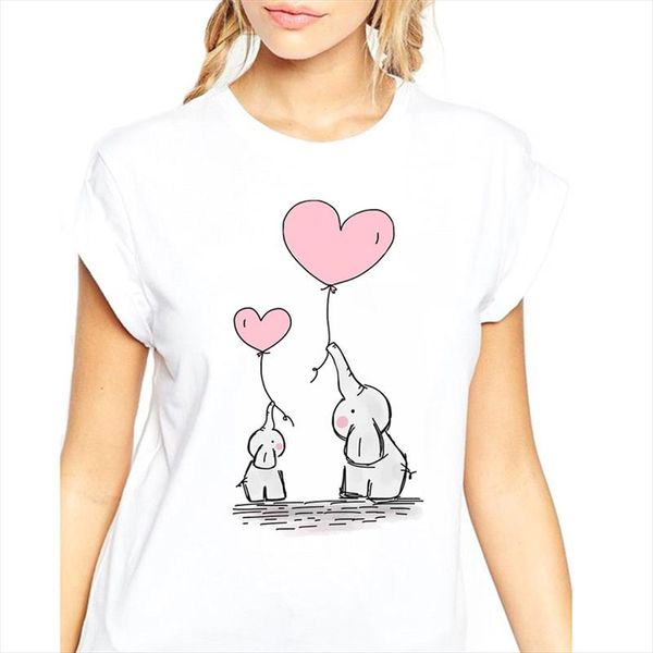 

cute elephant balloon print women t shirt summer funny short sleeve t shirt plus size casual tshirts, White