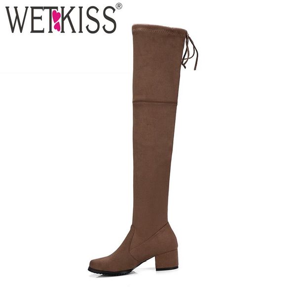 

boots wetkiss big size 34-43 trend lady stretch thigh high boot chunky heel lace over knee women shoes female long, Black