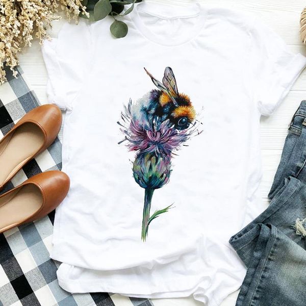 

женщины леди цветочные акварельные пчелы элегантная мода 90s print t tee женская футболка для женской рубашки одежда top графическая футболк, White