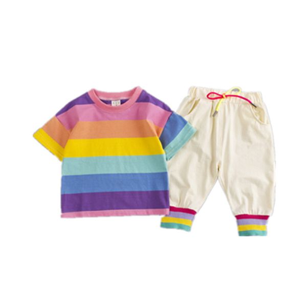 Летние девочки мальчики для мальчиков одежда малыша младенческая одежда костюмы хлопка радуга футболка ремешок шорты 2 шт. Детские дети костюм LJ201023