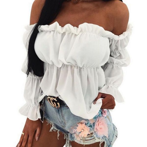 

women's blouses & shirts womens off-shoulder long-sleeved pullover korean wild solid color boat neckline t-shirt fashion ruffles backl, White
