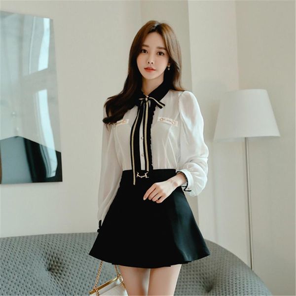 

women's tracksuits 2021 bow lace up chiffon turn-down collar long sleeve shirts + high waist slim a-line skirts autumn women 2 piece s, Gray