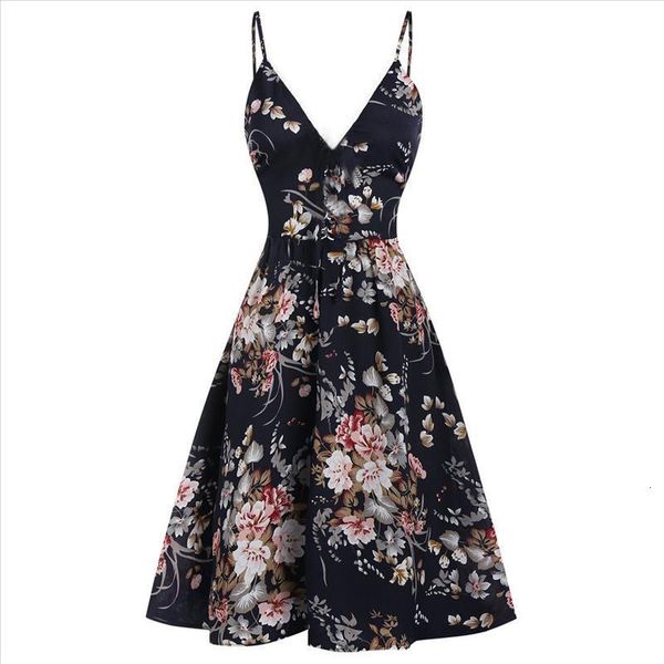 

bohemian flower print midi dresses women spaghetti straps sleeveless v neck sundress a line high waist backless vestidos, Black;gray