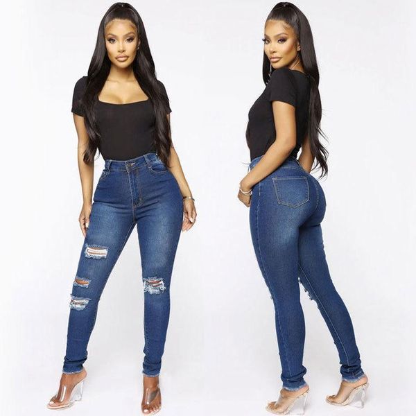 

women high waist casual jeans washed hole jeans high stretch skinny ripped street denim pants ladies pencil pants1, Blue