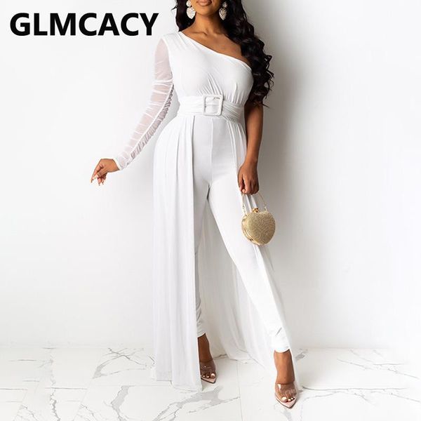 

women one shoulder chic classy jumpsuit mesh insert solid jumpsuits, Black;white