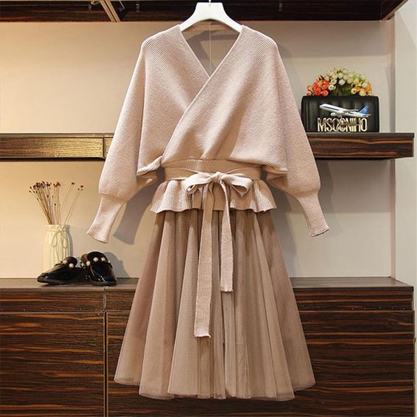 

2021 осень зима женские два частя набор полный рукав вязаный свитер пуловеры упругие талии кружева шить сетки юбки, Gray