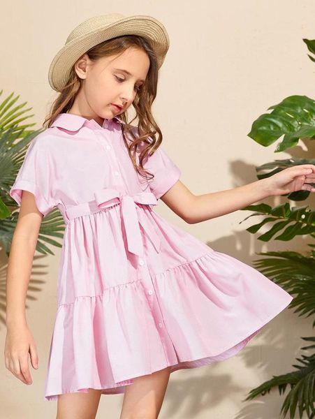 

girls roll up sleeve belted ruffle hem dress she, Red;yellow