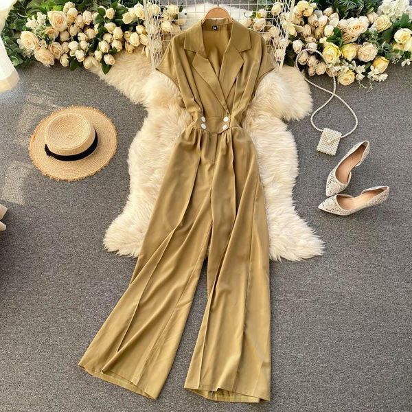 

women's new fashion notched feminist wide legs overalls lady short sleeve solid color elegant jumpsuits q6051, Black;white