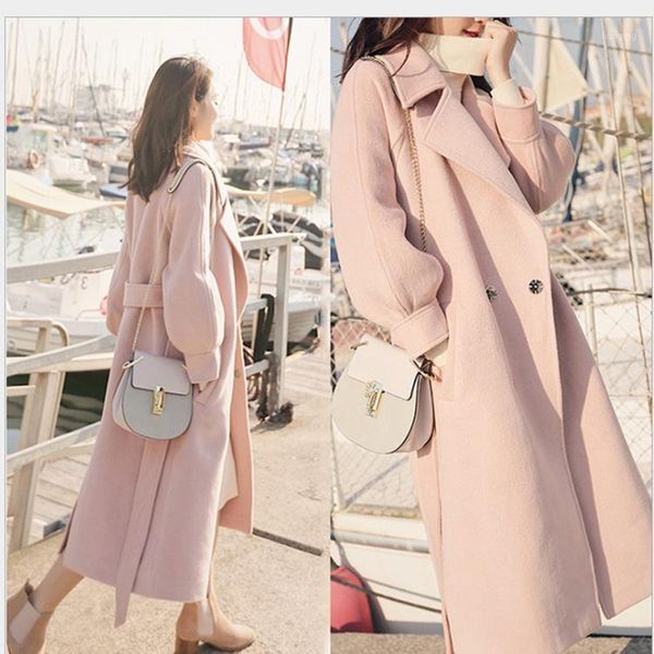 

winter 2020 new long lantern sleeve woollen overcoat for women's long and thick woollen coat over coat pure color 800061, Black