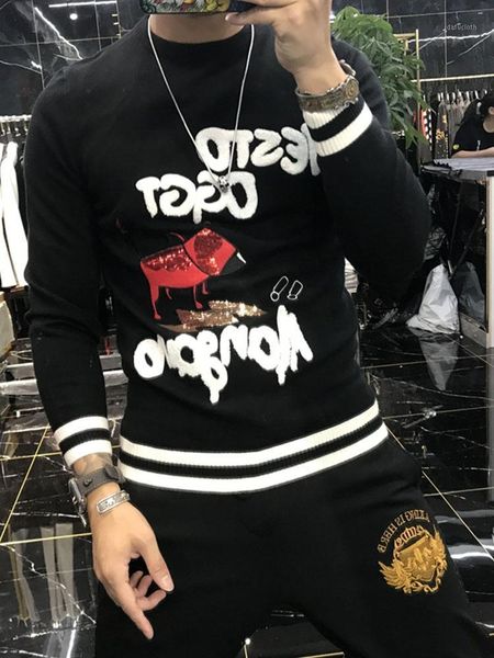 

2021 autumn and winter new brand men's sweater warm pullover fashion slim o-neck1, White;black