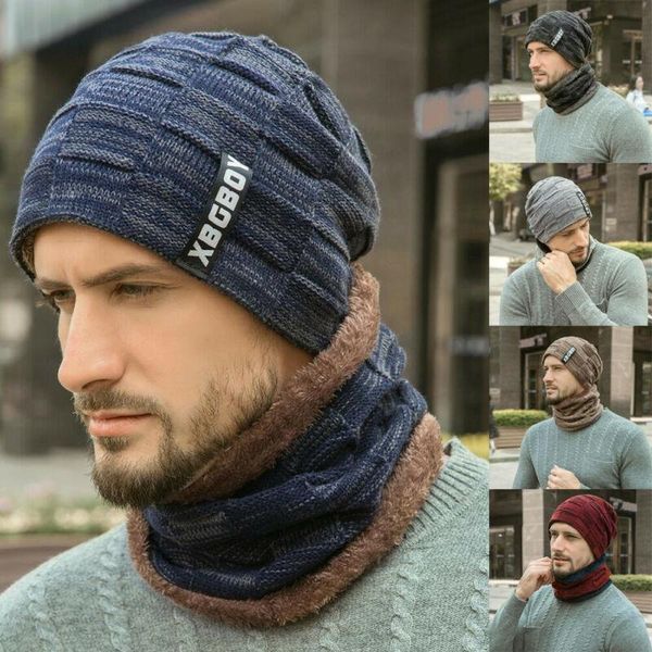 

2020 neck warmer knitted hat scarf set fur wool lining thick warm knit beanies winter hat for men women cap skullies bonnet