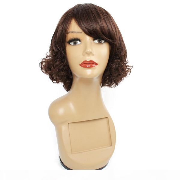 

color 4 dark brown capless wig 12 inch curly wigs brazilian indian peruvian malaysian human hair, Black;brown