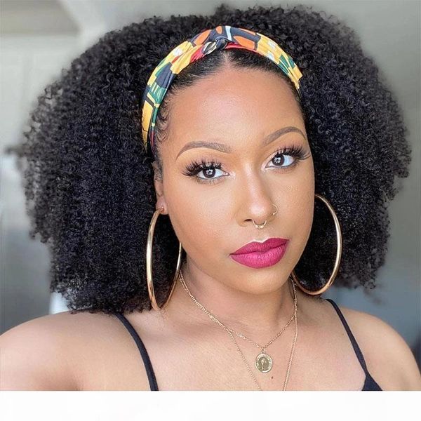 

modern show glueless headband wig kinky curly human hair wigs brazilian machine scarf wig jerry curl hair wig, Black;brown