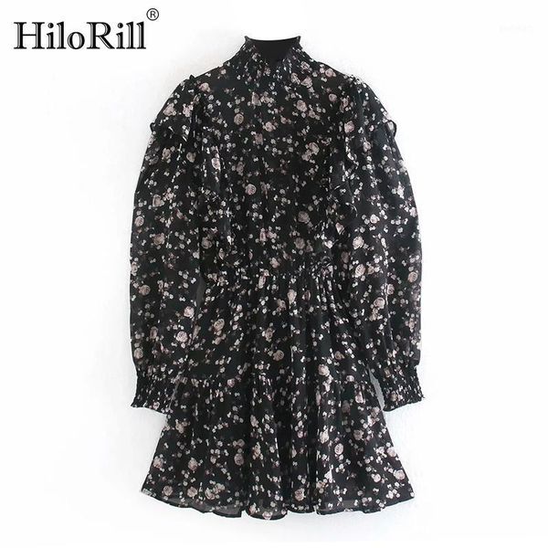 

casual dresses hilorill elegant a-line ruffles dress women floral print elastic waist chiffon mini long sleeve turtleneck chic dresses1, Black;gray