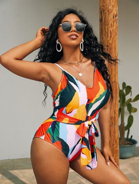 

plus allover print knot front one piece swimsuit f1wt#, Black