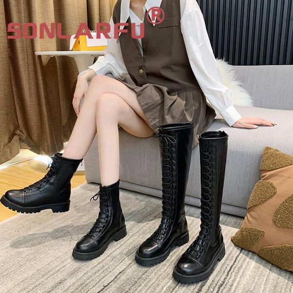 

sonl arfu stretch thin boots women's new lace-up platform high boots versatile riding high, Black