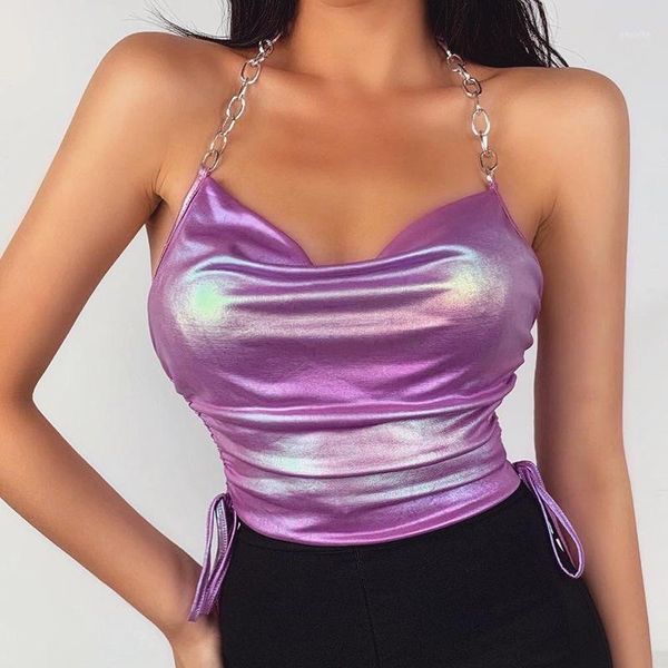 

women 2020 spaghetti strap purple halter pleated ruched chain crop drawstring backless cropped vest debardeur femme1, White