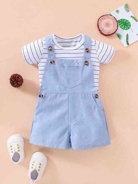 

baby striped tee bodysuit with suspender shorts she, White