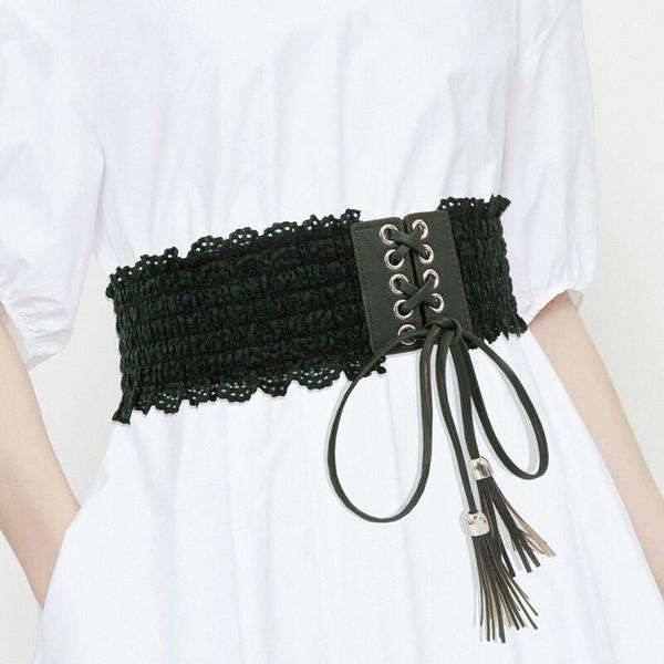 

20h3466 fashion ladies waist belt women lace casual wide waist seal korean sweet elegant waistband bowknot decoration, Black;brown