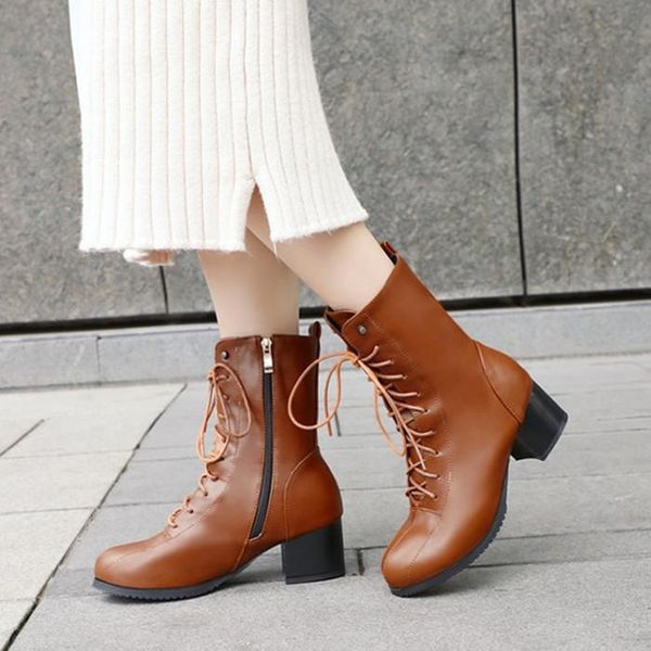 

boots pxelena women autumn biker motorcycle ankle block chunky heels lace up zip riding shoes plus size 43, Black