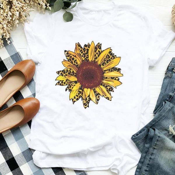 

women lady flower sunflower floral fashion summer fall animal print tshirt female t tee womens shirt clothes graphic t-shirt, White