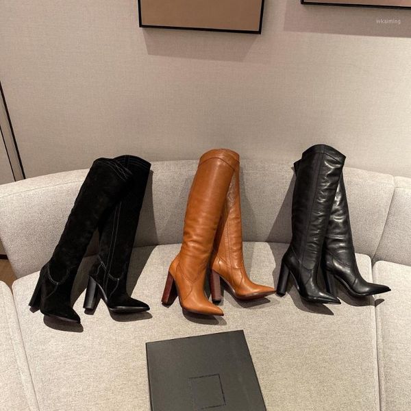 

boots winter shoes women knee high genuine leather heels pointed toe slip on zapatos de mujer1, Black