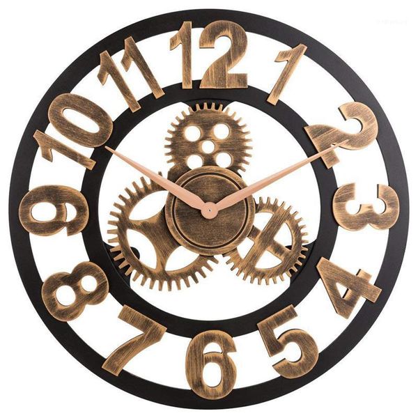 

wall clocks clock 3d retro rustic vintage wooden 23-inch noiseless gear number ancient gold1