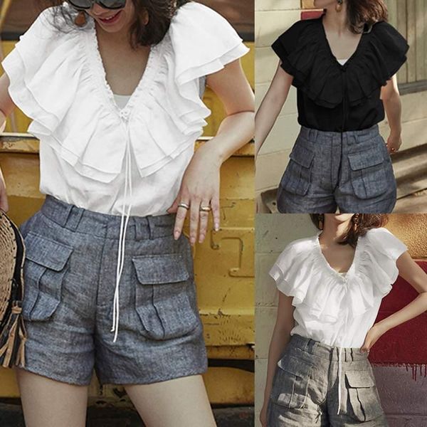 

women's blouses & shirts celmia summer women sleeveless ruffled v neck work blouse chic solid loose casual cotton tunic shirt plus size, White