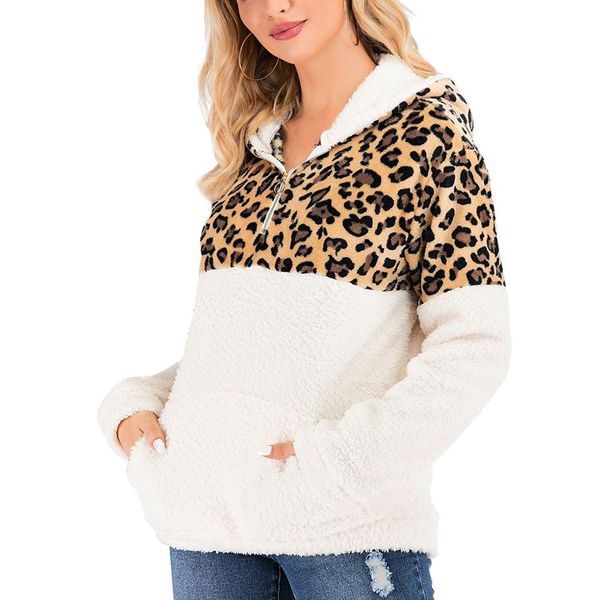 

2019 winter fleece sweater fashion leopard patchwork fluffy thick sweaters warm zipper pullovers women winter coat sherpa jlluyk, White;black