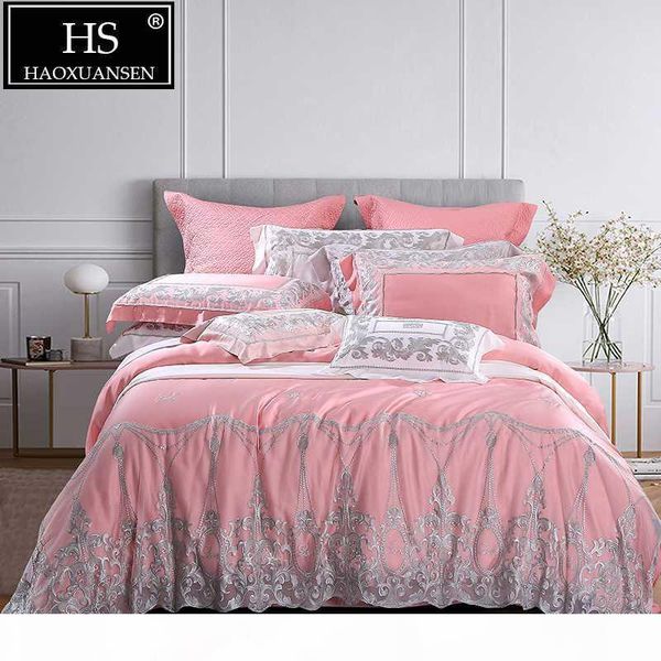 

pink 100% tencel lyocell lace princess 4 piece bedding sets 800 thread count wedding bed linens  king size double sheets