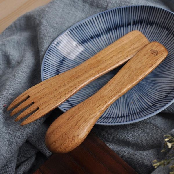 

2pc western tableware wood fork spoon dessert set retro vintage style fruit serving children utensils scoop supply spoon