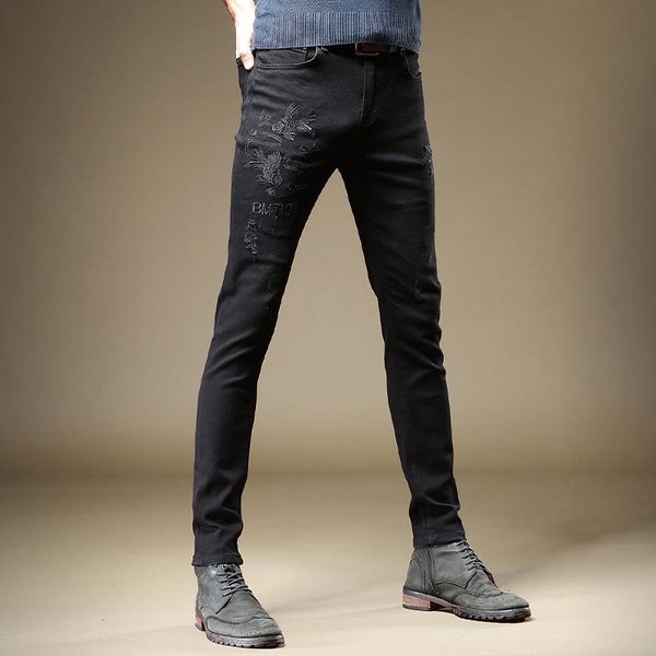 

men's jeans black men fashion embroidery slim fit pencil pants, Blue