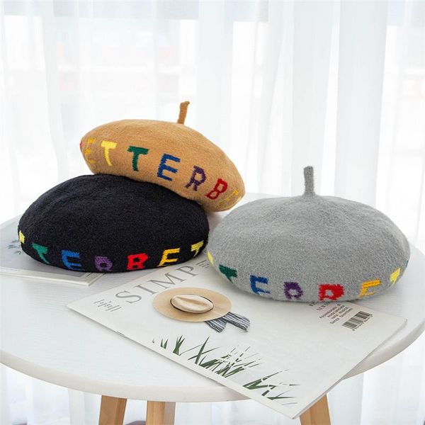 

jiuce 035 fashion women's flat beret cap girl casual wool letter embroidery artist pumpkin hat beret hat, Blue;gray