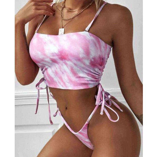 Bikini sexy costume da bagno diviso in tinta unita bikini da donna tessuto speciale stampa ed effetto tintura fasciatura stile tinto in cravatta tridimensionale design piccolo e fresco 220106