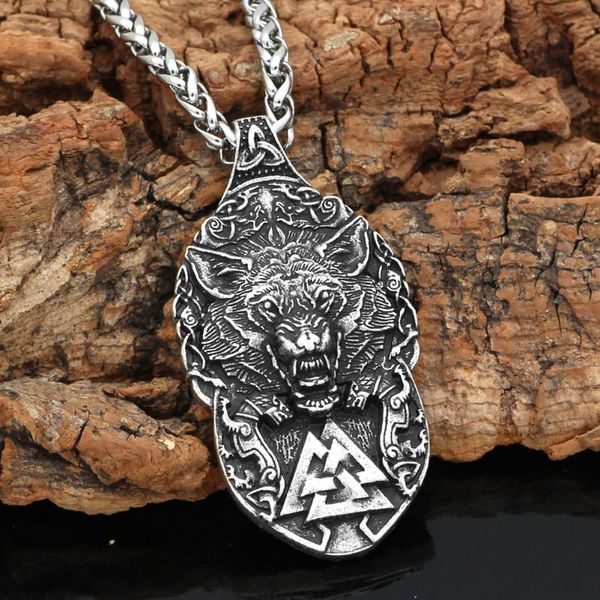 

pendant necklaces odin wolf freki amulet rune valknut viking necklace with gift bag, Silver