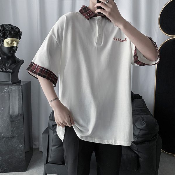 

summer fashion brand short t-shirt polo men's loose and handsome net hongyuansu bf style lapel 5 / 6 sleeve top, White;black
