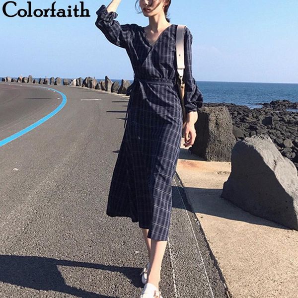 

colorfaith new 2020 autumn winter women dresses sashes lace up plaid fashionable prairie chic elegant casual midi dress dr3132, Black;gray