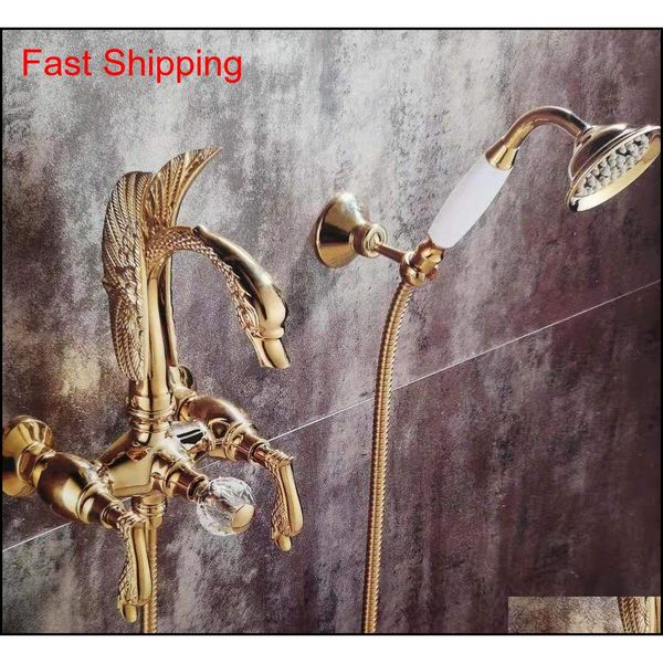 

golden wall mounted swan handles swan bath tub shower filler faucet with handshower 2 holes new dvdoy