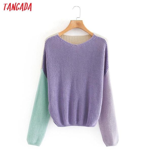 

tangada fall 2020 women color block sweater cashmere knitted pullover sweater round neck oversized jumper ce355, White;black