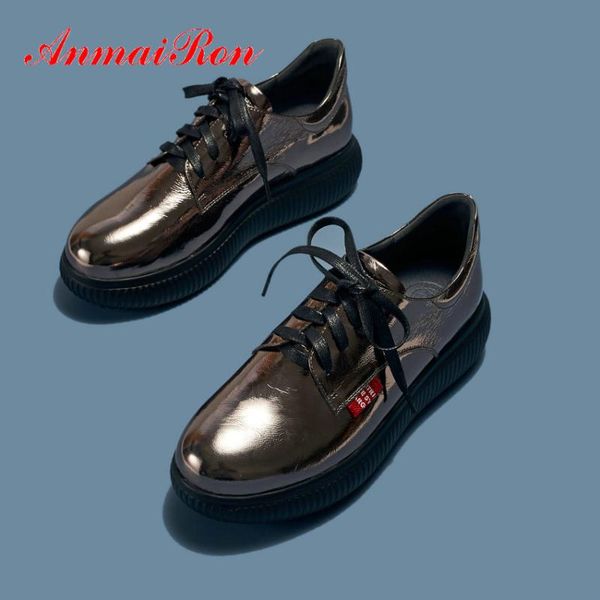 

anmairon 2020 luxury women shoes casual round toe genuine leather pumps women shoes lace-up basic wedges platform heels 34-42, Black