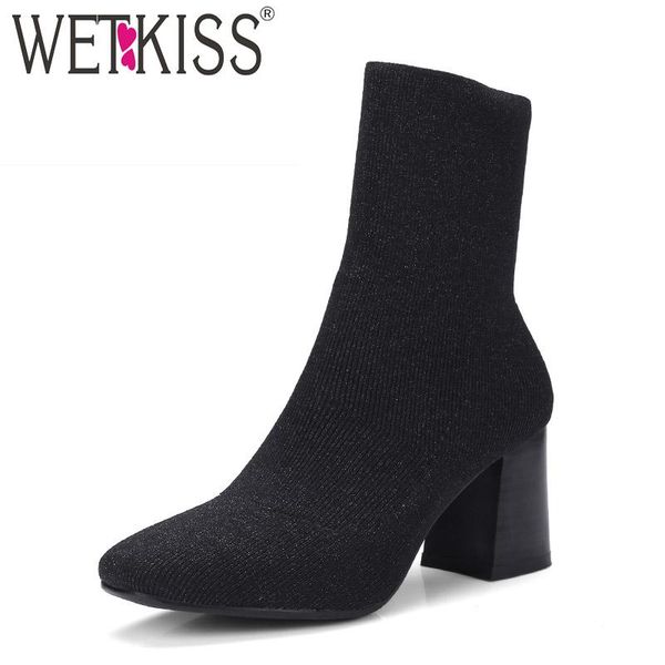 

wetkiss winter thick high heels boot women square toe knitting footwear sock ladies shoes autumnn stretch female bootie, Black