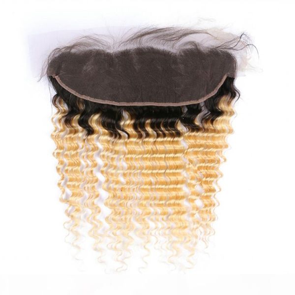 

blonde ombre 13x4 full lace frontal bleached knots deep wave 1b 613 ombre virgin indian human hair ear to ear lace frontal closure, Black;brown