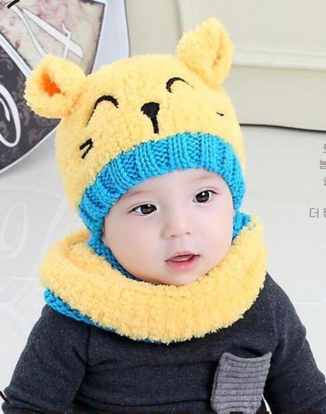 

autumn and winter kitten children's warm set plush baby hat bib l0zn, Red;brown